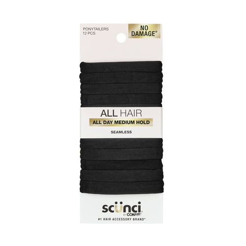 2 Pack - Scunci No Damage Hosiery Ponytail Hair Ties, Black, All Day Medium Hold, 24 Total Count
