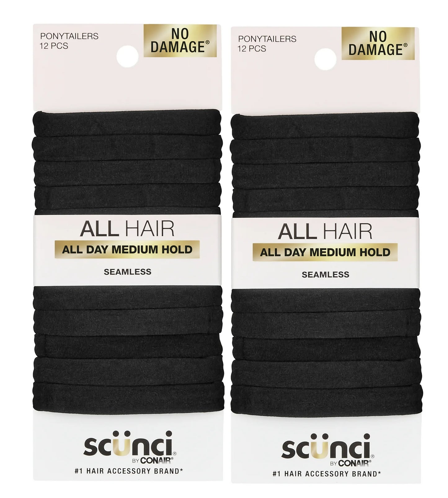 2 Pack - Scunci No Damage Hosiery Ponytail Hair Ties, Black, All Day Medium Hold, 24 Total Count