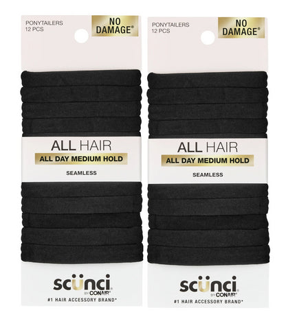 2 Pack - Scunci No Damage Hosiery Ponytail Hair Ties, Black, All Day Medium Hold, 24 Total Count
