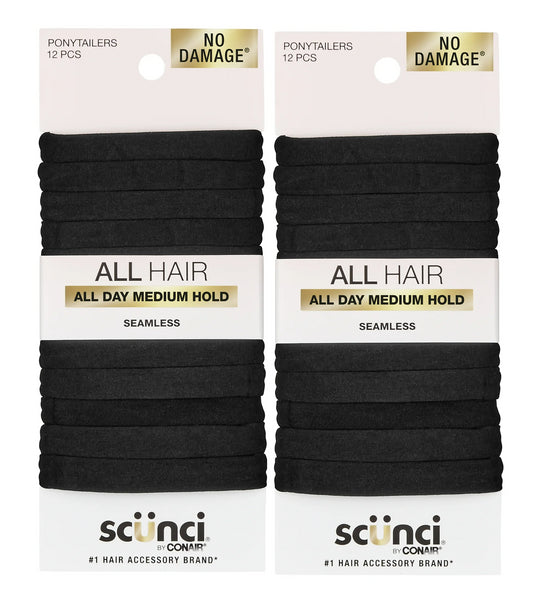2 Pack - Scunci No Damage Hosiery Ponytail Hair Ties, Black, All Day Medium Hold, 24 Total Count