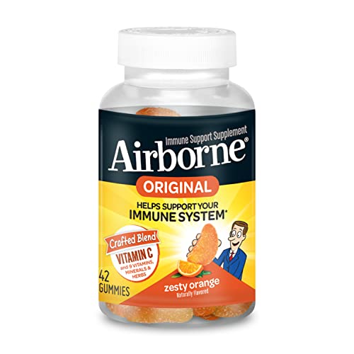Airborne Vitamin C 750mg (per Serving) Zesty Orange Flavored Gummies (42 Count in a Bottle), Gluten-Free Immune Support Supplement with Vitamins A C E, Selenium, Echinacea, Ginger, Antioxidant