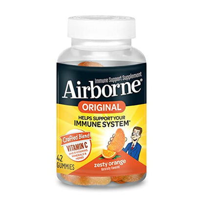Airborne Vitamin C 750mg (per Serving) Zesty Orange Flavored Gummies (42 Count in a Bottle), Gluten-Free Immune Support Supplement with Vitamins A C E, Selenium, Echinacea, Ginger, Antioxidant