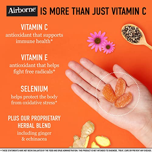 Airborne Vitamin C 750mg (per Serving) Zesty Orange Flavored Gummies (42 Count in a Bottle), Gluten-Free Immune Support Supplement with Vitamins A C E, Selenium, Echinacea, Ginger, Antioxidant