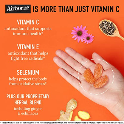 Airborne Vitamin C 750mg (per Serving) Zesty Orange Flavored Gummies (42 Count in a Bottle), Gluten-Free Immune Support Supplement with Vitamins A C E, Selenium, Echinacea, Ginger, Antioxidant