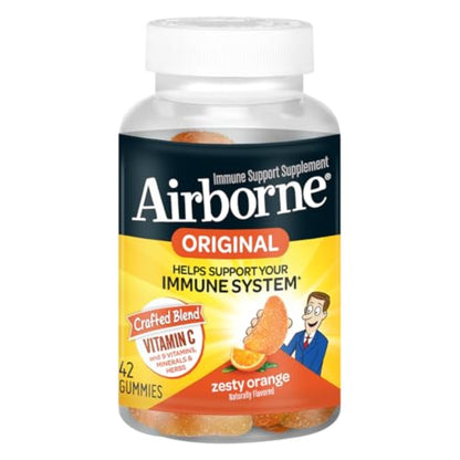 Airborne Vitamin C 750mg (per Serving) Zesty Orange Flavored Gummies (42 Count in a Bottle), Gluten-Free Immune Support Supplement with Vitamins A C E, Selenium, Echinacea, Ginger, Antioxidant