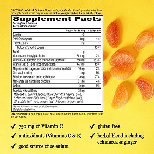 Airborne Vitamin C 750mg (per Serving) Zesty Orange Flavored Gummies (42 Count in a Bottle), Gluten-Free Immune Support Supplement with Vitamins A C E, Selenium, Echinacea, Ginger, Antioxidant