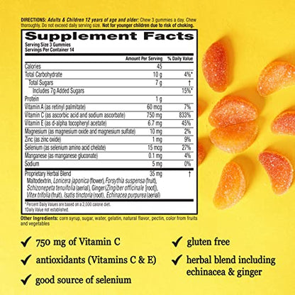 Airborne Vitamin C 750mg (per Serving) Zesty Orange Flavored Gummies (42 Count in a Bottle), Gluten-Free Immune Support Supplement with Vitamins A C E, Selenium, Echinacea, Ginger, Antioxidant