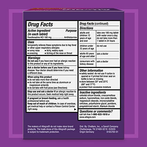 Allegra Adult 24 Hour Allergy Tablets, 180Mg, 90 Tablets 6lhSw