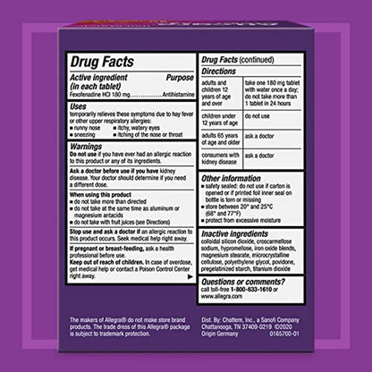Allegra Adult 24 Hour Allergy Tablets, 180Mg, 90 Tablets 6lhSw