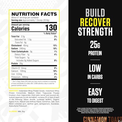 RYSE Loaded Protein Powder - Cinnamon Toast - 25g Whey Protein Isolate & Concentrate with Prebiotic Fiber & MCTs - Low Carb, Low Sugar, Digestive-Friendly - 20 Servings / 1.5 lb Tub