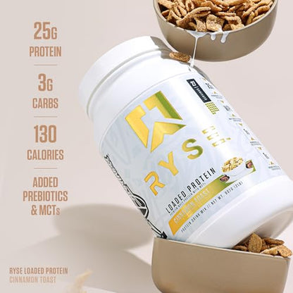 RYSE Loaded Protein Powder - Cinnamon Toast - 25g Whey Protein Isolate & Concentrate with Prebiotic Fiber & MCTs - Low Carb, Low Sugar, Digestive-Friendly - 20 Servings / 1.5 lb Tub