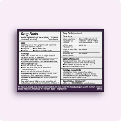 Allegra Adult 24-Hour Allergy Relief Tablets, Non-Drowsy Indoor and Outdoor Allergy Medicine, 180 mg Fexofenadine HCI Antihistamine Pill, 45-Count