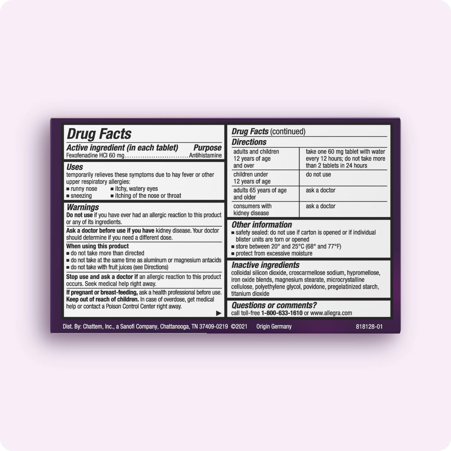 Allegra Adult 12-Hour Allergy Relief Tablets, Non-Drowsy Indoor and Outdoor Allergy Medicine, 60 mg Fexofenadine HCI Antihistamine Pill, 24-Count