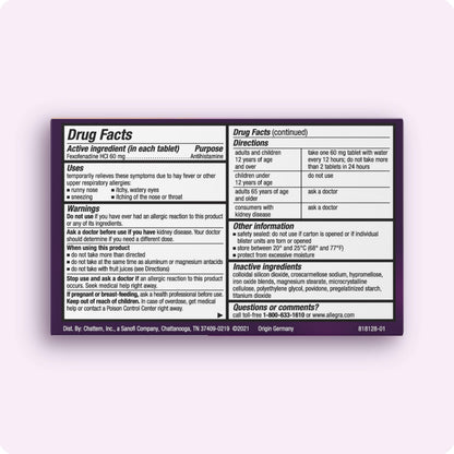 Allegra Adult 12-Hour Allergy Relief Tablets, Non-Drowsy Indoor and Outdoor Allergy Medicine, 60 mg Fexofenadine HCI Antihistamine Pill, 24-Count