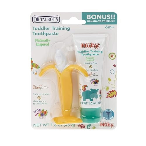 Dr. Talbot's Toddler Training Toothpaste Naturally Inspired with Citroganix, with Nuby Nananubs Banana Massaging Toothbrush, 1.6 Ounce, 6+ Months