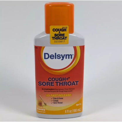 Delsym Cough + Sore Throat Pain & Fever Liquid Honey Flavor 6 fl oz