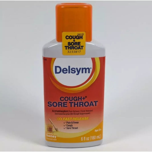 Delsym Cough + Sore Throat Pain & Fever Liquid Honey Flavor 6 fl oz