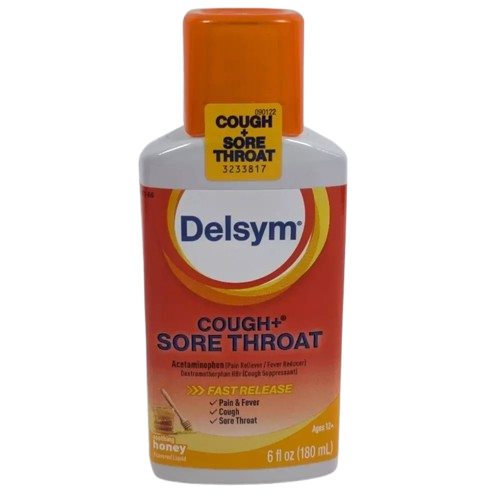 Delsym Cough + Sore Throat Pain & Fever Liquid Honey Flavor 6 fl oz