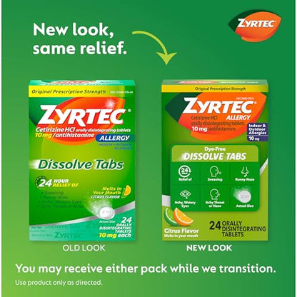 Zyrtec 24 Hour Allergy Relief Dissolving Tablets with 10 mg Cetirizine HCl Antihistamine, Allergy Medicine for Relief from Allergies Caused by Ragweed & Tree Pollen, Citrus Flavor, 24 ct