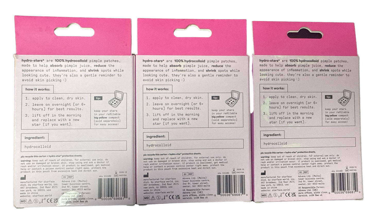 3 Pack - Starface Hydro-Star Pimple Patches 4 Pink Tones 96 Star Patches EXP 26