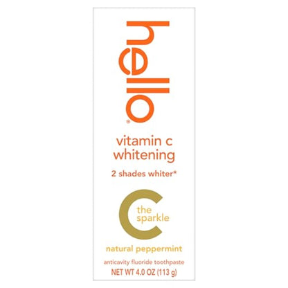 hello Vitamin C Whitening Toothpaste with Fluoride, Whitening SLS Free Toothpaste, Up to 2 Shades Whiter Teeth, No Peroxide, Safe for Everyday Use, Natural Peppermint, 4.0 Oz