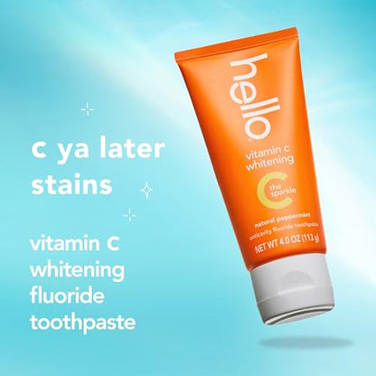 hello Vitamin C Whitening Toothpaste with Fluoride, Whitening SLS Free Toothpaste, Up to 2 Shades Whiter Teeth, No Peroxide, Safe for Everyday Use, Natural Peppermint, 4.0 Oz
