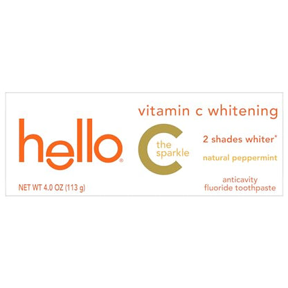 hello Vitamin C Whitening Toothpaste with Fluoride, Whitening SLS Free Toothpaste, Up to 2 Shades Whiter Teeth, No Peroxide, Safe for Everyday Use, Natural Peppermint, 4.0 Oz