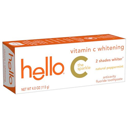 hello Vitamin C Whitening Toothpaste with Fluoride, Whitening SLS Free Toothpaste, Up to 2 Shades Whiter Teeth, No Peroxide, Safe for Everyday Use, Natural Peppermint, 4.0 Oz