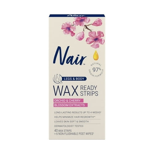 Nair Hair Remover Wax Ready Strips, Legs and Body Hair Removal Wax Strips, 40 Count