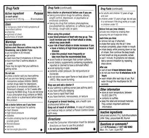 Primatene MIST Epinephrine Oral Inhalation Aerosol, 160 Metered Sprays, 11.7g