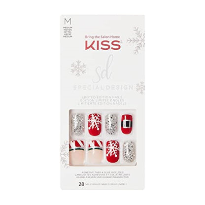 KISS Special Design Limited Edition Holiday Fake Nails, Style ‘Season's Must-Haves’, Multi-Colored Medium Square, with 24 Adhesive Tabs, Nail Glue, Mini File, Manicure Stick & 28 False Nails