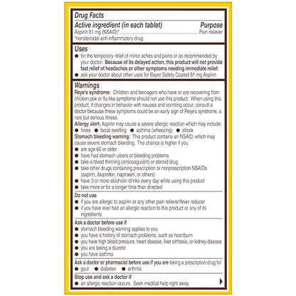 Bayer Aspirin Regimen , 81mg Enteric Coated Tablets, Pain Reliever/Fever Reducer, 200 Count