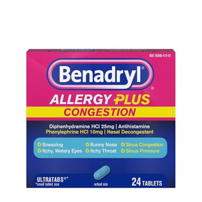 Benadryl Allergy Plus Congestion Ultratabs, Medicine with Diphenhydramine HCl Antihistamine & Phenylephrine HCl Nasal Decongestant, Allergy & Sinus Congestion Relief Tablets, 24 ct