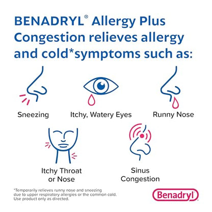 Benadryl Allergy Plus Congestion Ultratabs, Medicine with Diphenhydramine HCl Antihistamine & Phenylephrine HCl Nasal Decongestant, Allergy & Sinus Congestion Relief Tablets, 24 ct
