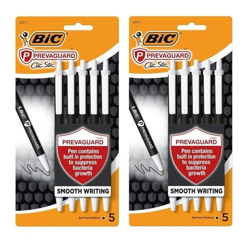 BIC PrevaGuard Antimicrobial Clic Stic Ballpoint Pen Retractable Black 5 Pack x 2