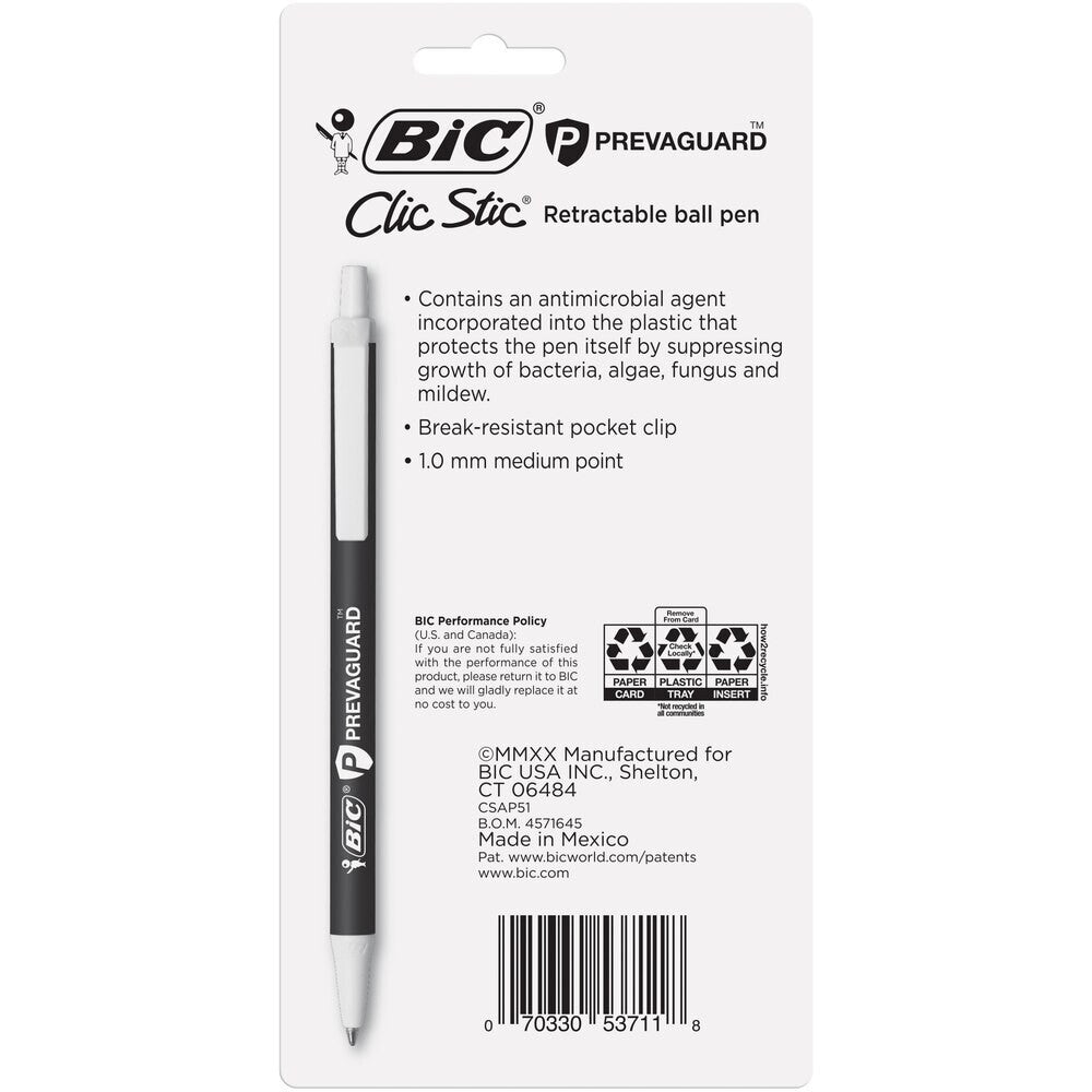 BIC PrevaGuard Antimicrobial Clic Stic Ballpoint Pen Retractable Black 5 Pack x 2