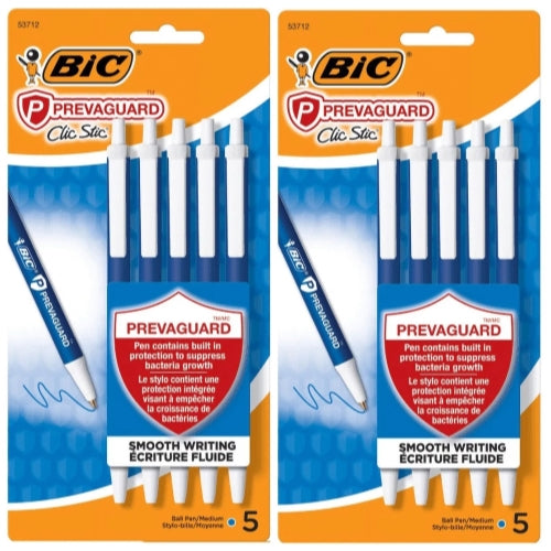 BIC PrevaGuard Antimicrobial Clic Stic Ballpoint Pen Retractable Blue 5 Pack x 2