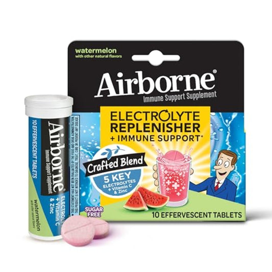 Airborne Immune Support Supplement with Electrolytes Vitamin C Zinc, Sugar Free Effervescent Replenisher – 10 Fizzy Drink Tablets, Watermelon Flavor