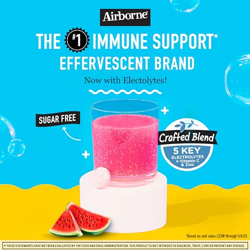 Airborne Immune Support Supplement with Electrolytes Vitamin C Zinc, Sugar Free Effervescent Replenisher – 10 Fizzy Drink Tablets, Watermelon Flavor