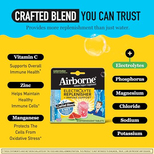Airborne Immune Support Supplement with Electrolytes Vitamin C Zinc, Sugar Free Effervescent Replenisher – 10 Fizzy Drink Tablets, Watermelon Flavor