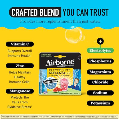 Airborne Immune Support Supplement with Electrolytes Vitamin C Zinc, Sugar Free Effervescent Replenisher – 10 Fizzy Drink Tablets, Watermelon Flavor