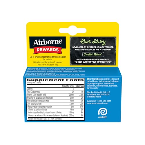 Airborne Immune Support Supplement with Electrolytes Vitamin C Zinc, Sugar Free Effervescent Replenisher – 10 Fizzy Drink Tablets, Watermelon Flavor