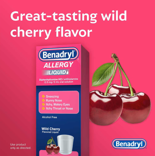Benadryl ALLERGY Liquid, Diphenhydramine Antihistamine Oral Solution Wild Cherry, 4 Fl Oz (118 ml)