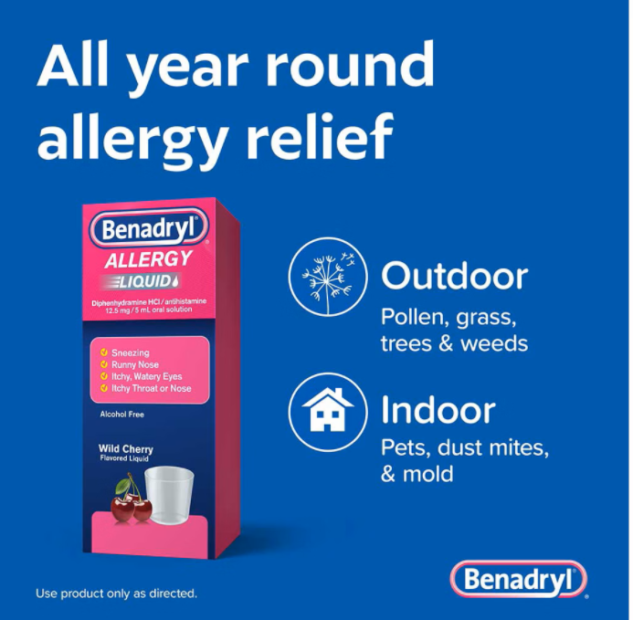 Benadryl ALLERGY Liquid, Diphenhydramine Antihistamine Oral Solution Wild Cherry, 4 Fl Oz (118 ml)