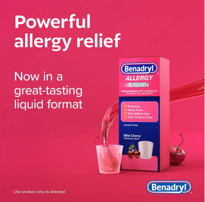Benadryl ALLERGY Liquid, Diphenhydramine Antihistamine Oral Solution Wild Cherry, 4 Fl Oz (118 ml)