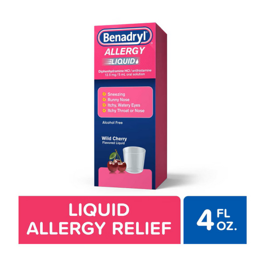 Benadryl ALLERGY Liquid, Diphenhydramine Antihistamine Oral Solution Wild Cherry, 4 Fl Oz (118 ml)