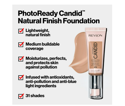 Revlon PhotoReady Candid Natural Finish Foundation, with Anti-Pollution, Antioxidant, Anti-Blue Light Ingredients, 530 Pecan, 0.75 fl. oz.