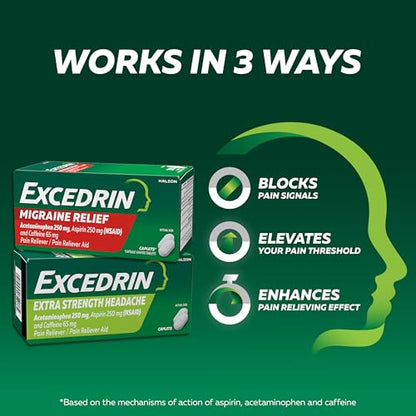 Excedrin Extra Strength Caplets for Headache Pain Relief, Acetaminophen 250mg, Aspirin 250mg, Caffeine 65mg, Pain Reliever, 24 count