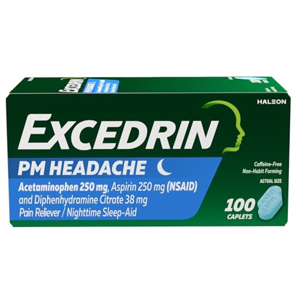 Excedrin PM for Headache Relief, Acetaminophen 250mg, Aspirin 250mg, Diphenhydramine Citrate 38mg, Pain Reliever, Nighttime Sleep-Aid, 100 Count
