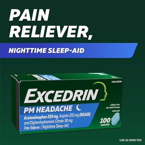 Excedrin PM for Headache Relief, Acetaminophen 250mg, Aspirin 250mg, Diphenhydramine Citrate 38mg, Pain Reliever, Nighttime Sleep-Aid, 100 Count